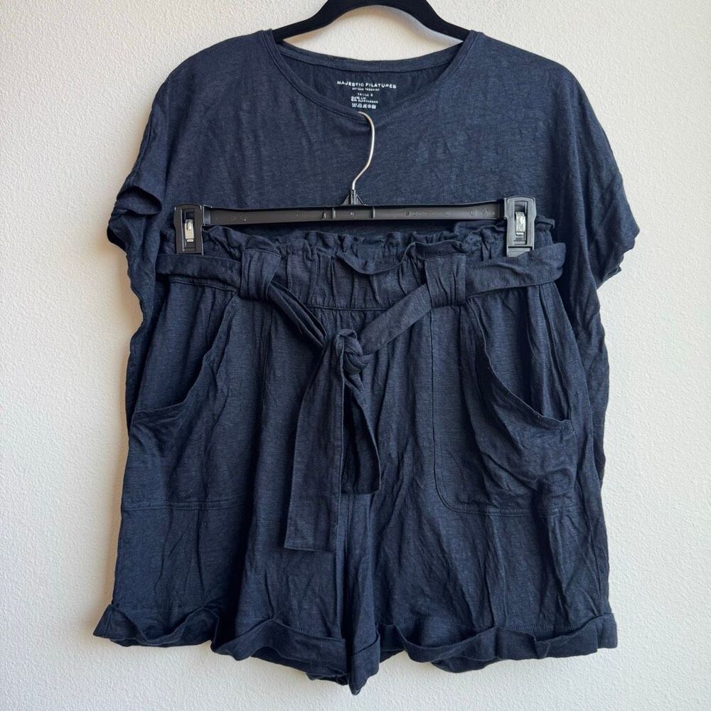 Majestic Filatures Navy Blue Linen Shirt & Tie Waist Shorts SET Size 2/3 Medium